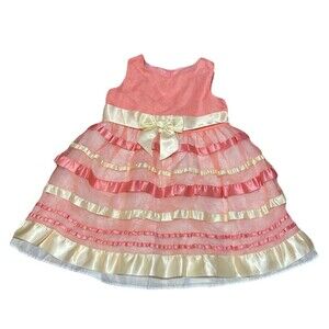 Bonnie Jean Girls Size 3T Pink Cream Tiered Bow Front Dress Lined Spring Easter